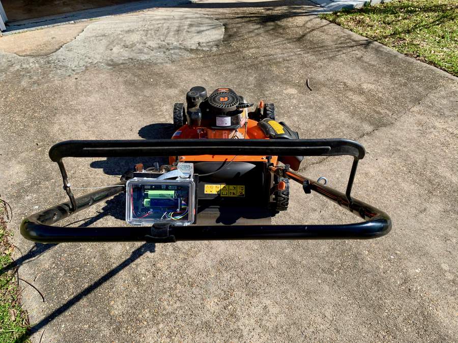 First-person view of lawnmower with Pi attached.